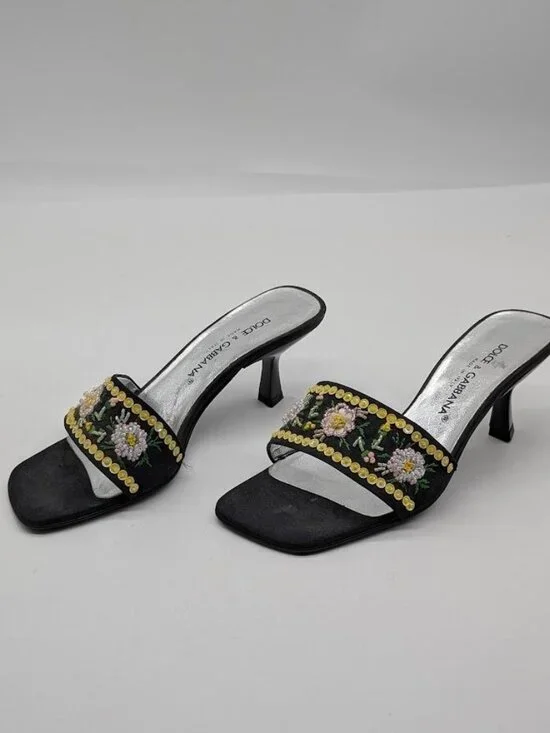 Authentic Dolce & Gabbana Black Satin Beaded Mule Heel Sandals Womens Sz 35 - Picture 4 of 11